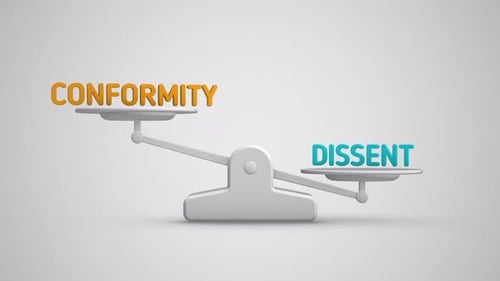 Animated Balancing Scale with Conformity and Dissent Text