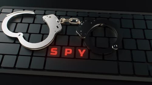 Cyber Security Handcuffs and Glowing Spy Text
