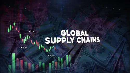 Global Supply Chains Words On Economic Background With Decrease Bar Chart Graph And Arrow