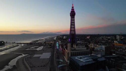 Night aerial view of Blackpool Tower in Lancashire, England, United Kingdom