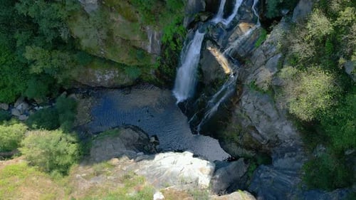 Aerial Topdown Of Fervenza do Toxa Waterfalls In Silleda, Pontevedra, Galicia Spain.