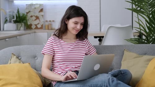 Happy Attractive Girl Working Office Work Remotely From Home Woman Using Laptop Computer Distance