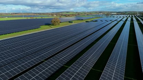 Aerial view of solar panel farm, United Kingdom.