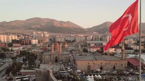 Erzurum, Turkey cityscape featuring the Turkish flag