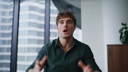 Manager Greeting Video Meeting in Office Pov Shot Closeup Man Online Call