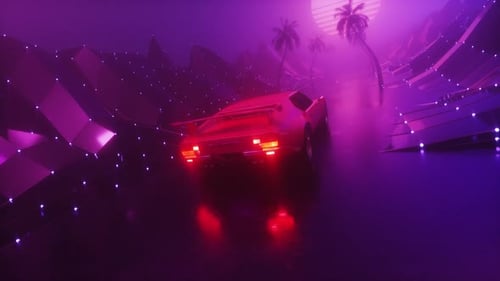 Futuristic Synth Wave Background Of Glowing Dark Foggy Landscape With Riding Sports Loop