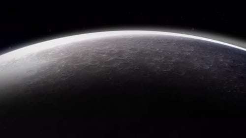 Planetenoberfläche mit Kratern und dünner Atmosphäre, die aus dem Schatten hervortreten