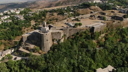 Drone shot 4k of clock of Gjirokastra castleGjirokastra Castle is a castle in Gjirokastra, Albania.