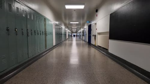 Empty school hallway slow steadicam walkthrough