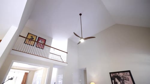 Ceiling Fan In Large, Bright Living Room. Luxury House, Real Estate Video.
