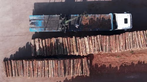 Worker Removing Sawdust Off Truck Flatbed After Unloading Woods At Sawmill Factory. aerial topdown s