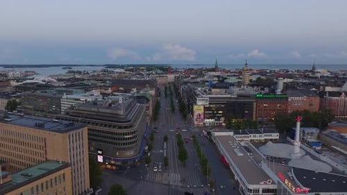 Aerial Panoramic View of Commercial Urban Borough at Dusk Neighborhood with Shops and Department