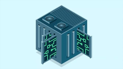 Isometric futuristic server animation. Isometric database or data center. Abstract blockchain