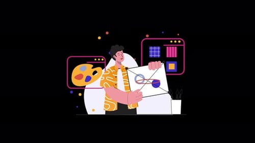 A designer creating digital artwork with vibrant tools and colors.