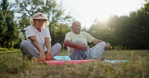 Senior Couple Meditating in Park Man and Woman Crossing Legs and Starting to Meditate While
