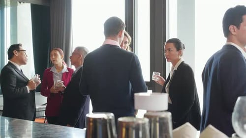 Group caucasian business team discussion at conference in office after break.