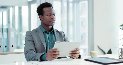 Business man, thinking and ideas on tablet for stock market, investment