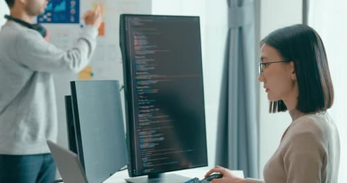 Asia male female software developers mentor leader manager talk strategy plan.