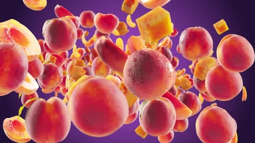Falling Fresh Peaches and Slices on Purple Background