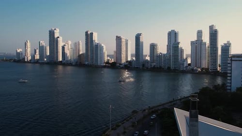 Bocagrande, Cartagena, Colombia. Establishing Drone Shot of Beachfront Hotels and Apartment Building