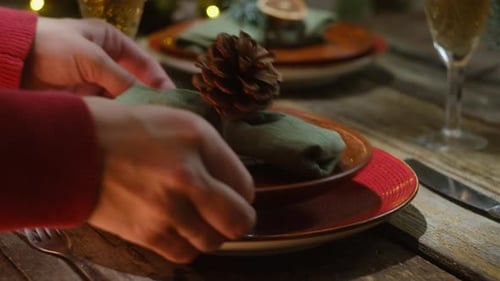 Festive Holiday Table Setting with Plate and Napkin