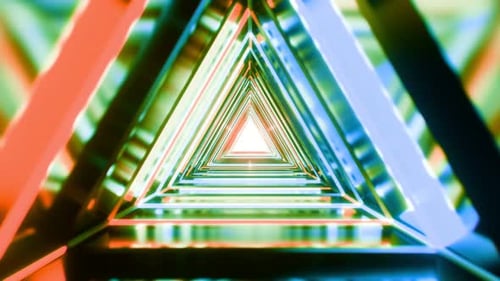 Futuristic sci-fi triangle tunnel with neon colorful lights, looped animation