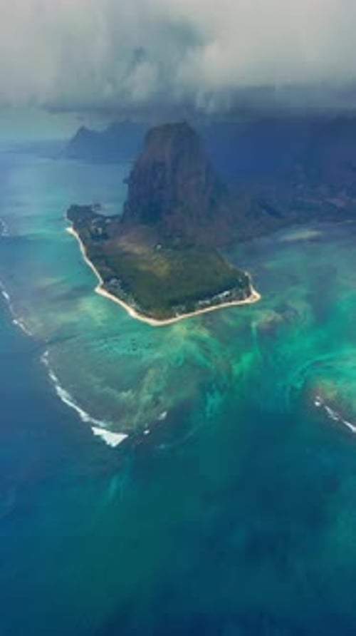 Close Up Fly Over Palm Trees and Beautiful Beach Lagoon Paradise Island in Mauritius Landscape View