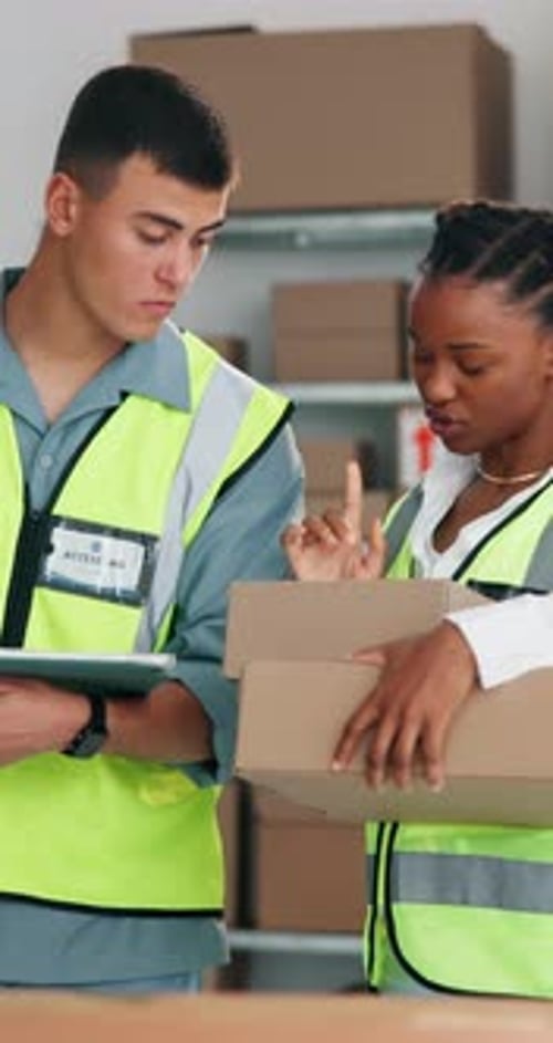 Logistic, boxes or people in depot with tablet, package check or stock control in shipping