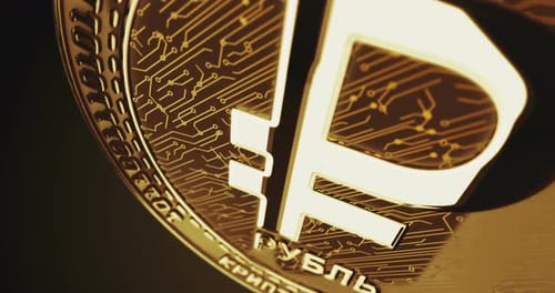 Boucle dorée de cryptomonnaies Crypto Ruble RUB sur écran numérique