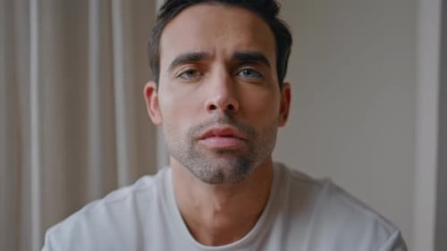 Portrait Thoughtful Man Looking Camera at Home Handsome Guy with Serious Gaze