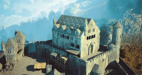 Ancient Stone Castle Surrounded By Lush Hills Under a Clear Sky
