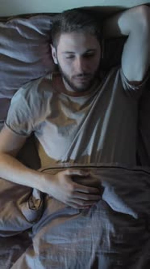 Vertical Sleepless Night Insomnia Problem Man Bed