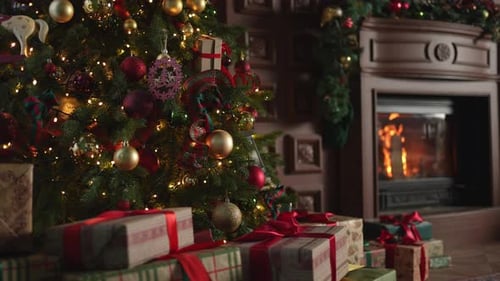 Ornate Christmas Tree and Fireplace Presents