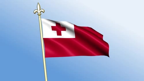 Tonga Flag Waving on Pole Against Blue Sky Loop Animation