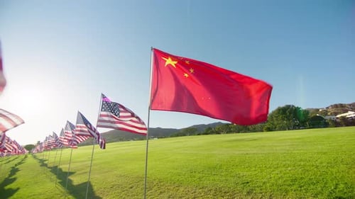 American and Chinese Flags Blowing in Wind