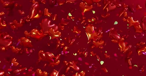 Metallic Heart Balloons and Colorful Confetti Falling Loop