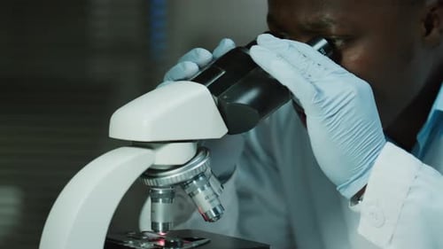 Male Scientist Looks in Microscope at Lab