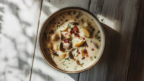 Delicious Bowl of Creamy Clam Chowder with Potatoes and Bacon