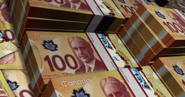 Canada Canadian dollar 100 banknote packs - flying over CAD money stack ...