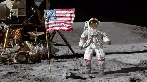 Astronaut Jumping on the Moon and Saluting the American
