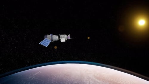 Satellite Orbits Planet In Deep Space Showcasing Advanced Technology