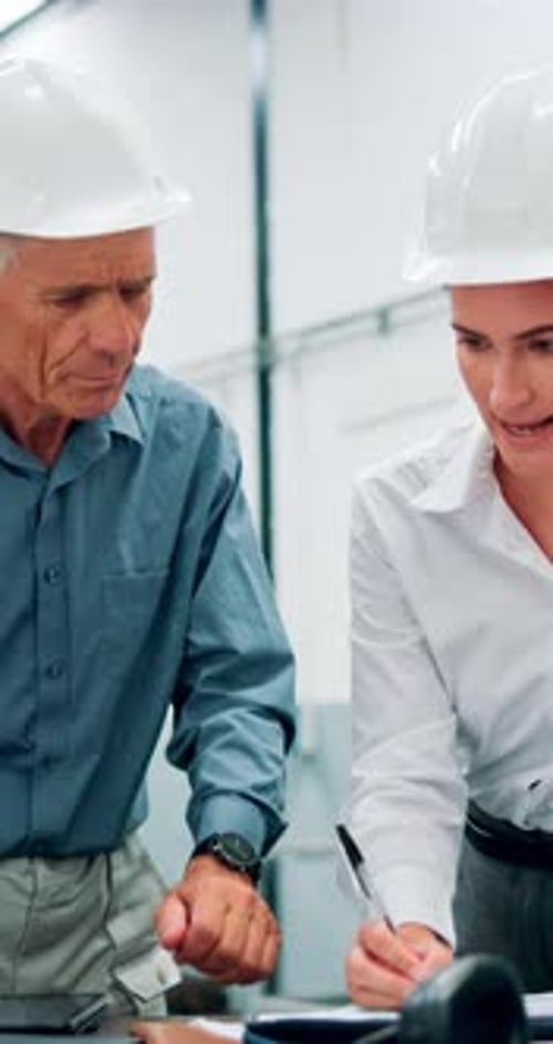 Engineer, people and drawing with discussion in factory for project planning
