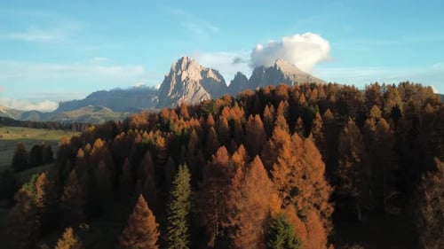 Aerial view of Seiser Alm mountains and forests, Italy.