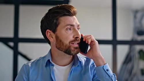 Bearded Startuper Calling Smartphone Sitting Office Closeup Boss Writing Notes