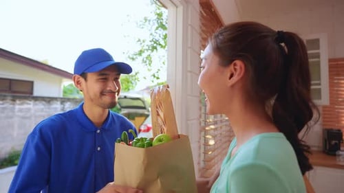 Grocery Delivery Man Hands Bag to Woman