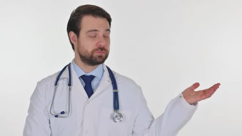 Portrait of Doctor Showing Copyspace on White Background