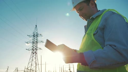 Industry Energy Business Concept Silhouette Electrical Engineer a Working Near Tower with