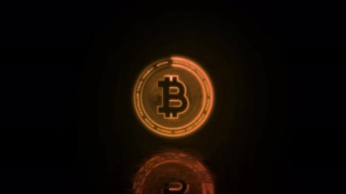 Neon glowing bitcoin symbol cryptocurrency.Concept of blockchain technology.