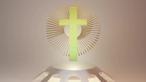 Heiliges Kreuz in der Nähe eines leuchtenden Stativs mit dekorativen Elementen, 3D-Animationsschleife