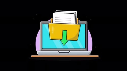 Laptop with Open Folder and Green Arrow. Folder Download Concept Animation Video - Transparent